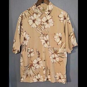 Caribbean Joe Hawaiian Shirt Men's Size M Tan Floral Silk Blend Short Sleeve